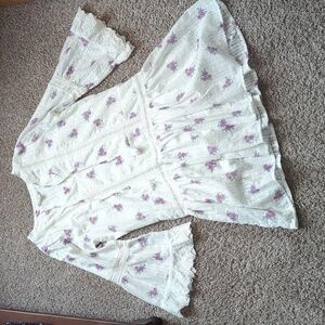 Allison NY Drop waist purple floral eyelet beachy embroidered bell sleeve dress